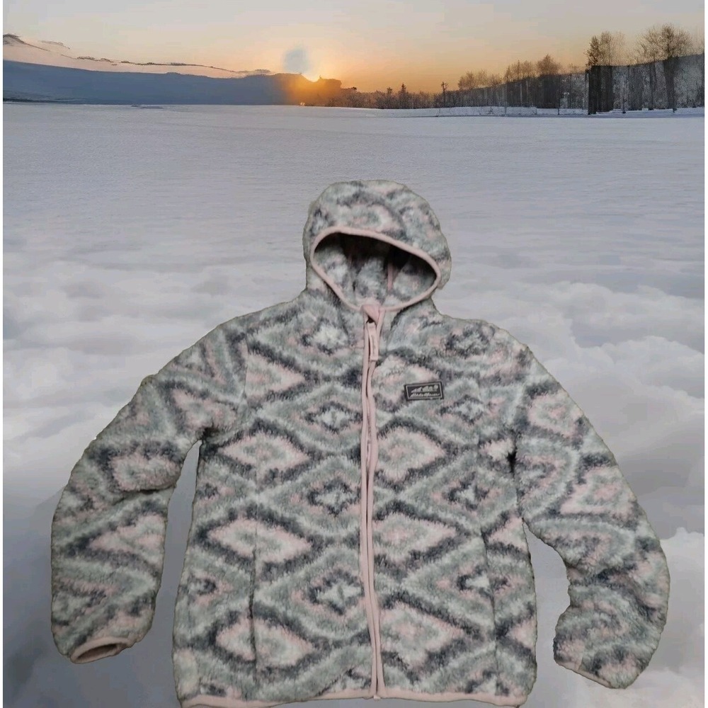 Eddie Bauer Fleece Hoodie Kids Size S 7/8 Grey Pink Excellent Sherpa Full Zip